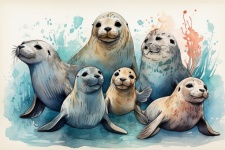 Watercolor Art Of A Seal Family