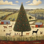 Náladový tisk vánočního stromu na farmě