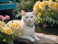 Weiße Katze sonnt sich im Garten