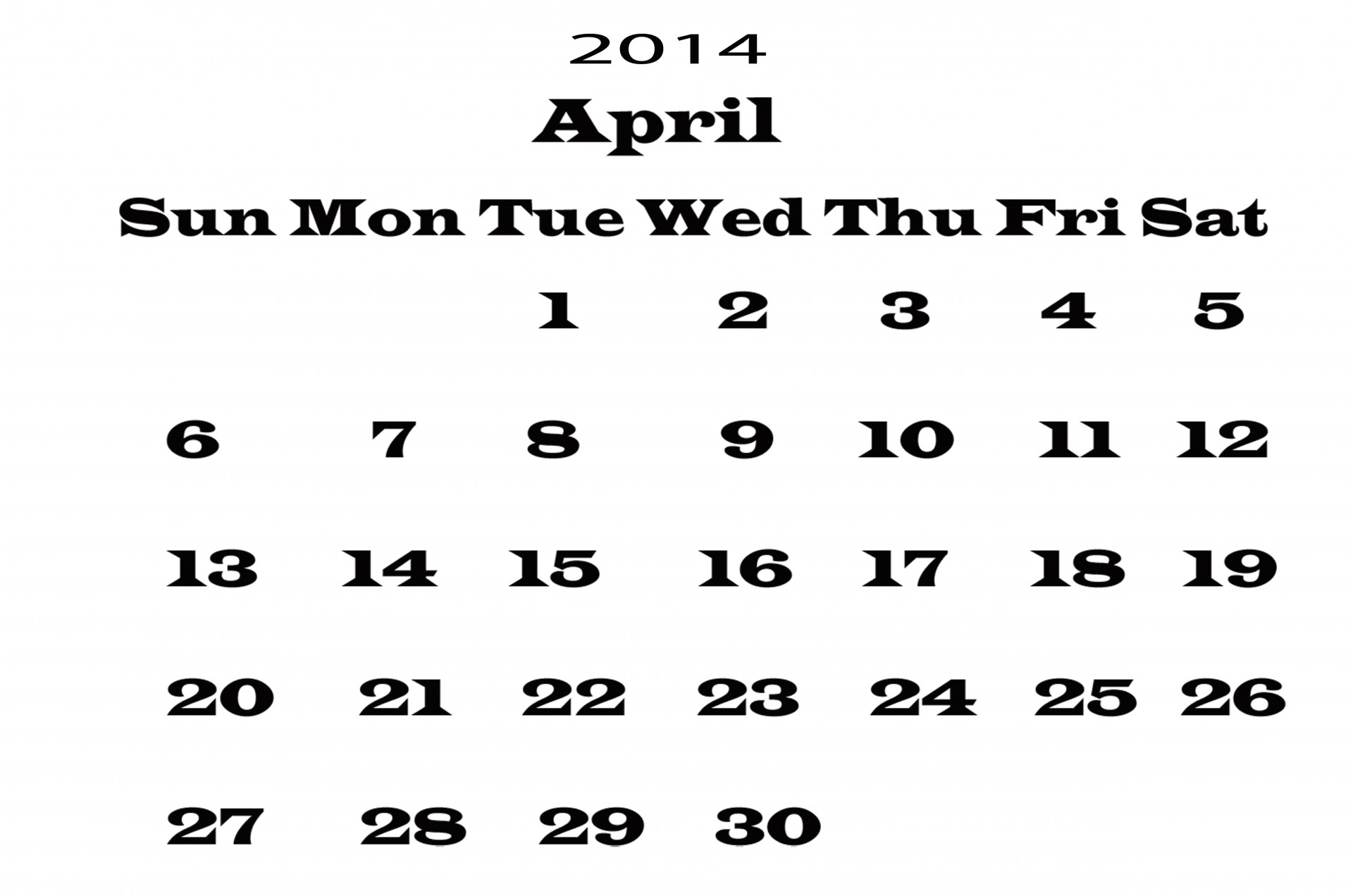 April 2014 Kalender-Schablone