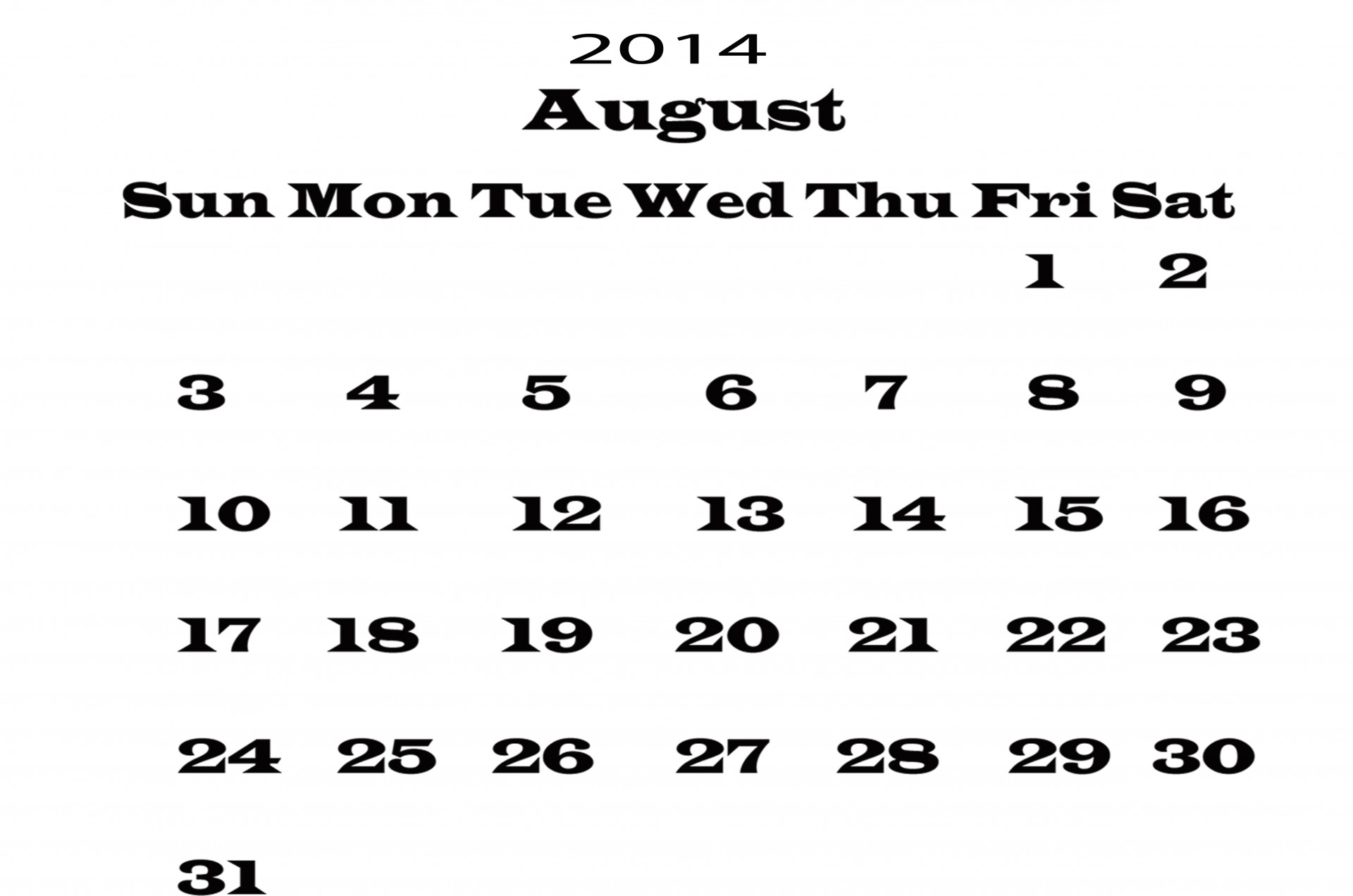 Календарь Август 2014 Шаблон