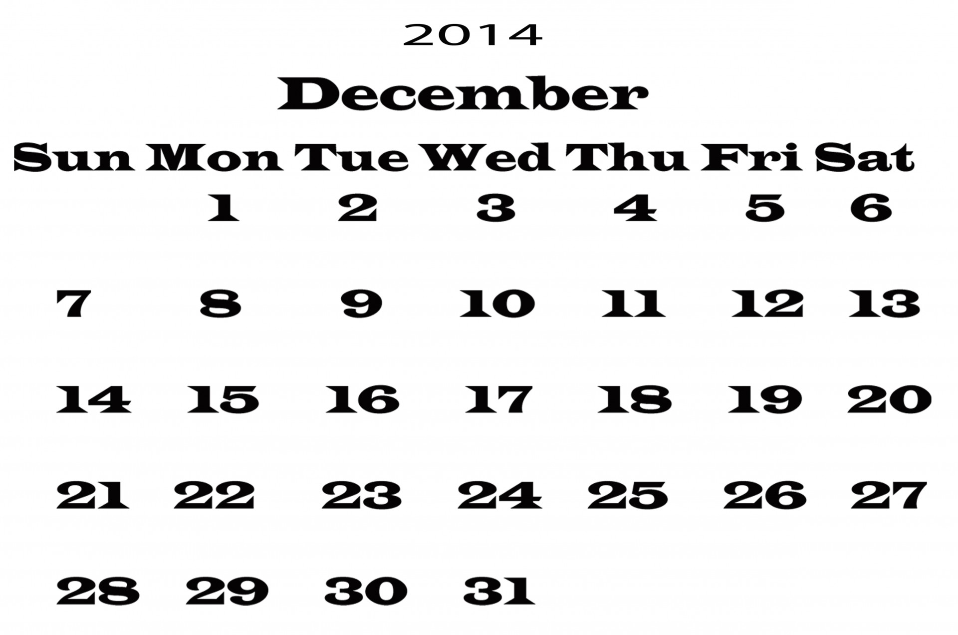 2014 Calendar December Template