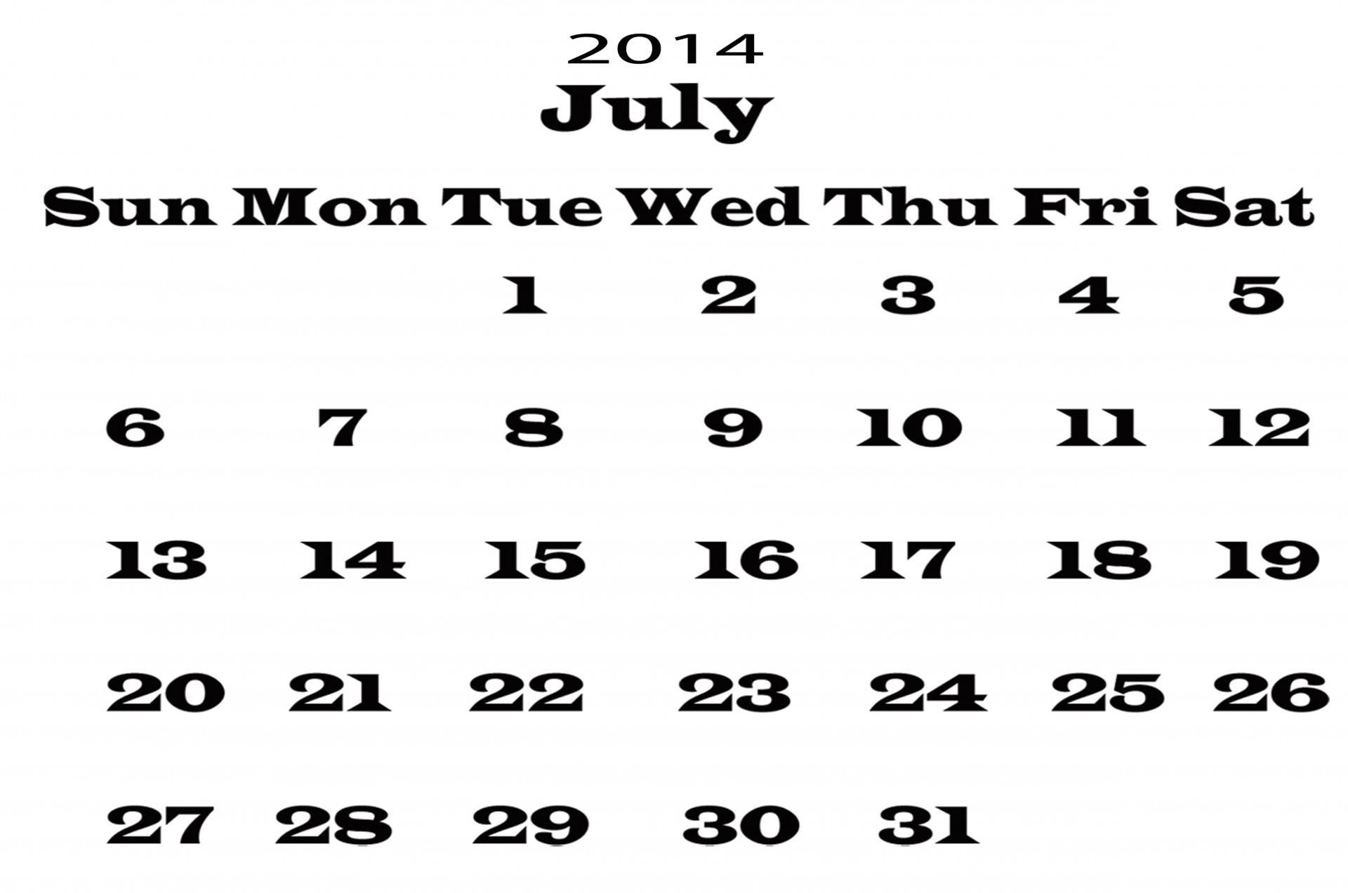 Календарь Июль 2014 Шаблон