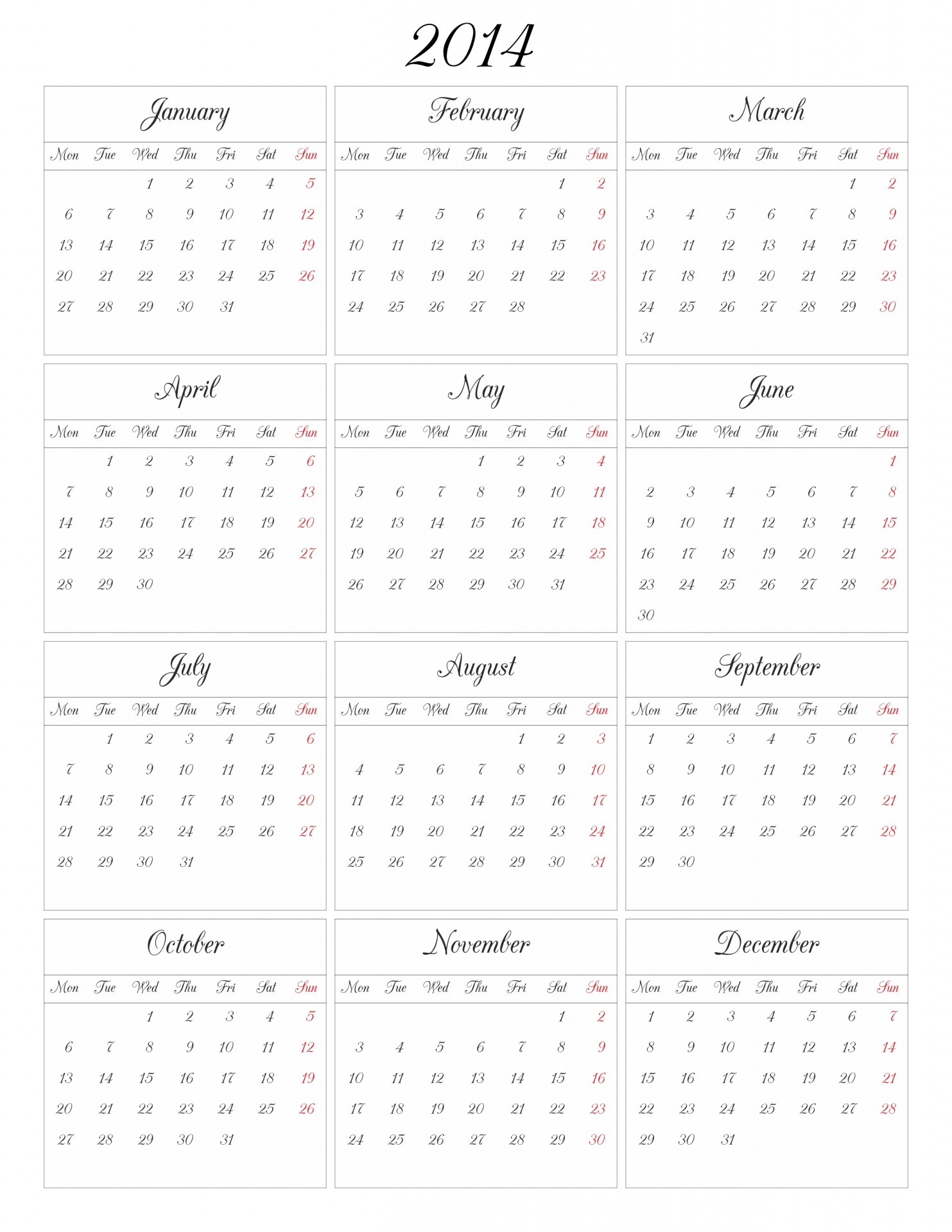 La grille de calendrier pour 2014