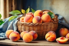 Basket With Ripe Peaches