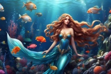 Schöne Meerjungfrau mit Fisch
