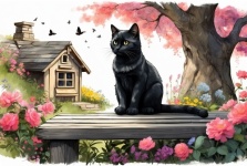 Garden Bench With Black Cat