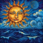 Retro-Sonne mit Gesicht über dem Ozean