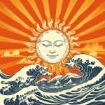 Slunce s tváří nad vlnami oceánu umění