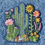 Blue Jean Embroidered Cactus Art