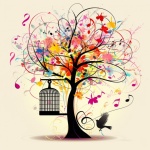 Abstract Whimsical Music Bird Tree