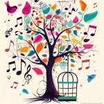Abstrakt nyckfull musik fågelträd