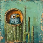 Pájaro asomando del arte del cactus