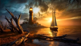 Landscape, Lighthouse, Sea, Sunset