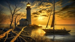 Landscape, Lighthouse, Sea, Sunset