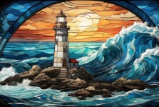 Lighthouse On Rock Stained Glass