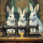 Vintage White Rabbit Sewing Art