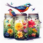Virágos befőttesüveg madarak művészettel