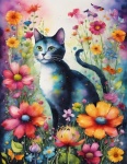 Cat Flowers Art Illustration