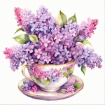 Lilac květiny v šálku akvarelu