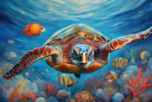 Sea Turtle And Coral