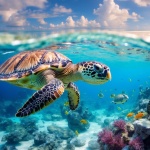 Sea Turtle, Coral, Fish
