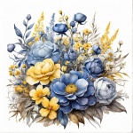 Akvarel modré, žluté květy