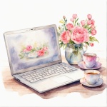 Aquarell Laptop und Blumen