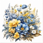Akvarel žluté, modré květy