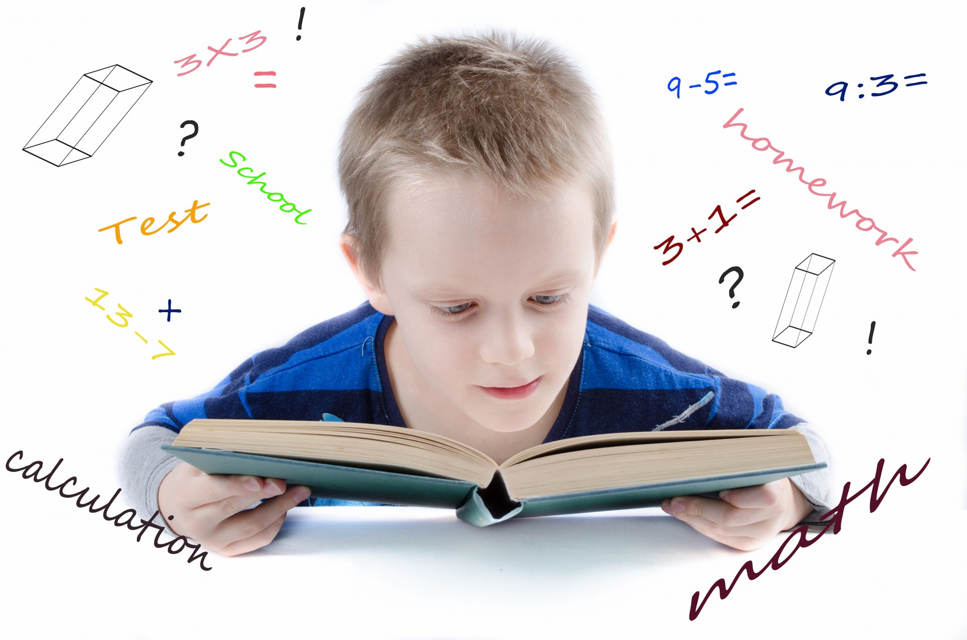 Child reading a book, surrounded by mathematical scribbles