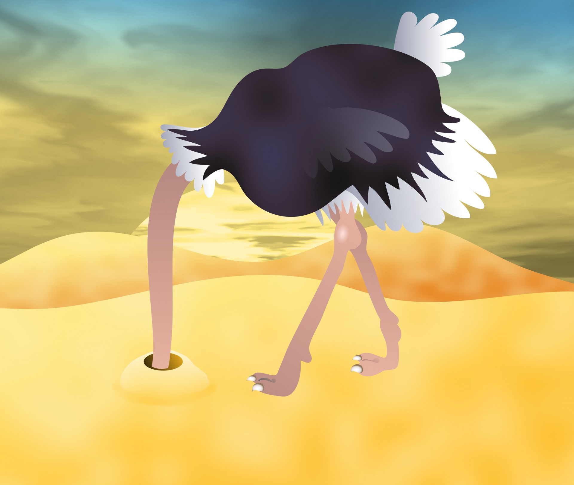 Digitally created cartoon ostrich burying it's head in the sand.